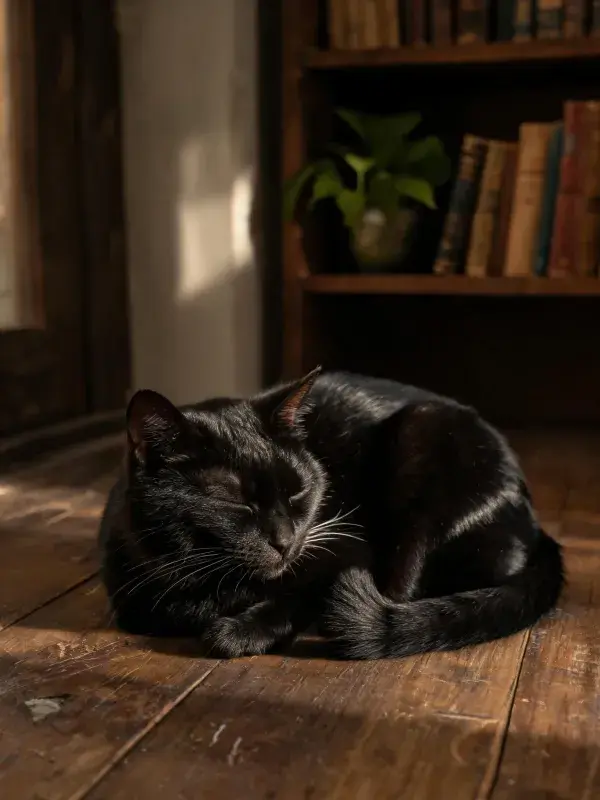 黑色短毛家猫在木质地板上的休憩场景