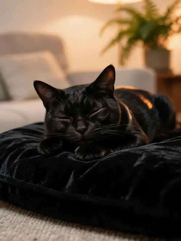 短毛家猫在绒面软垫上的休憩