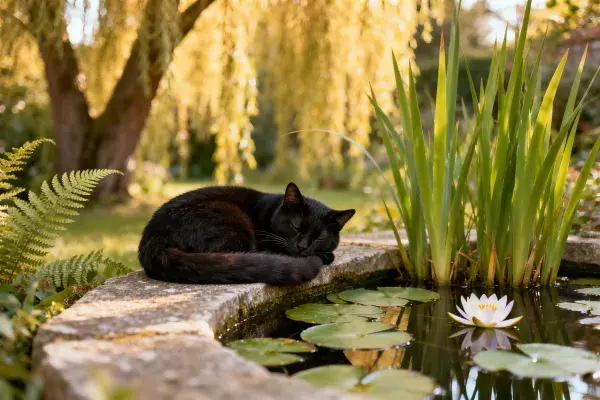 短毛家猫躺卧石砌水池边缘