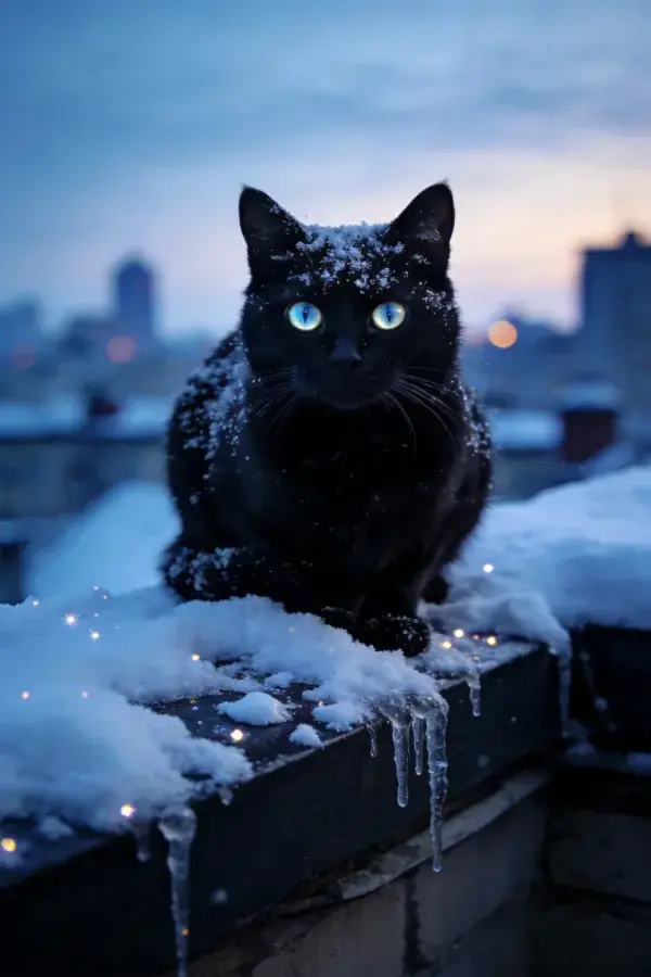 雪地围栏上的短毛黑猫特写