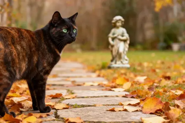 石板路秋景中的玳瑁猫
