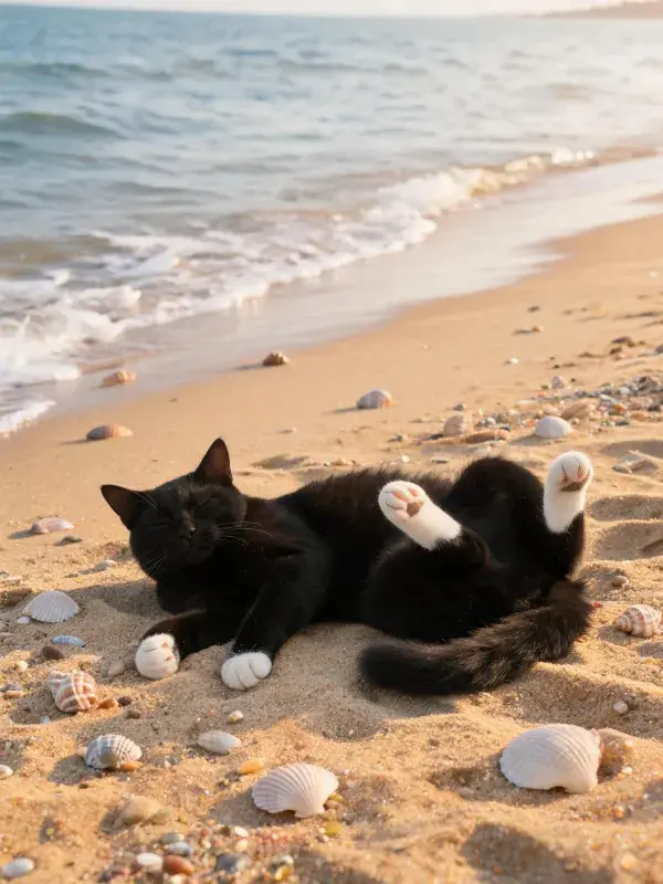 短毛家猫在沙滩上的放松姿态