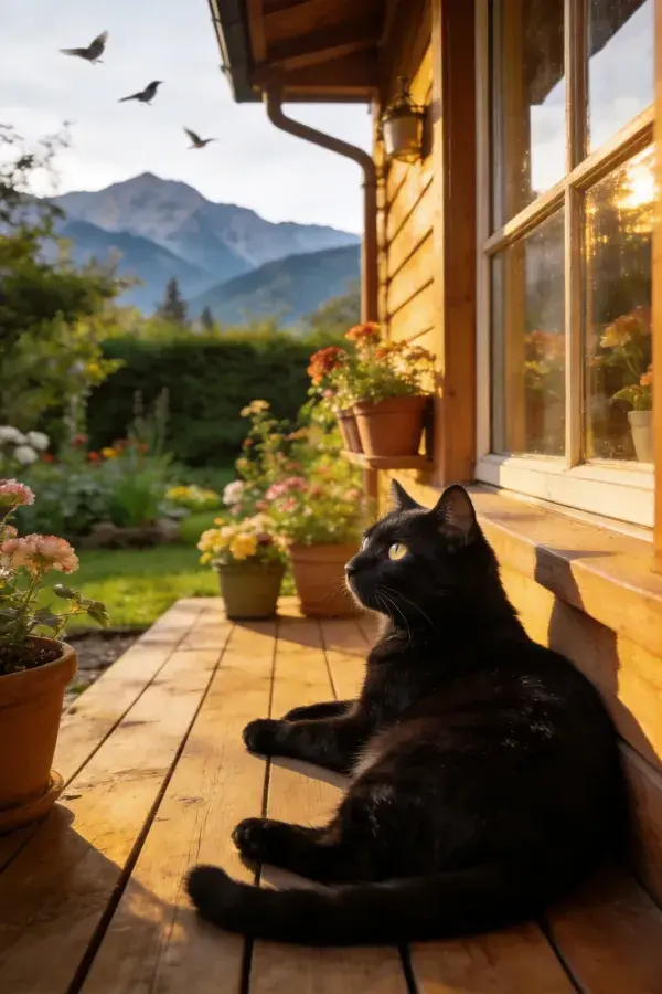 木屋露台上的短毛家猫
