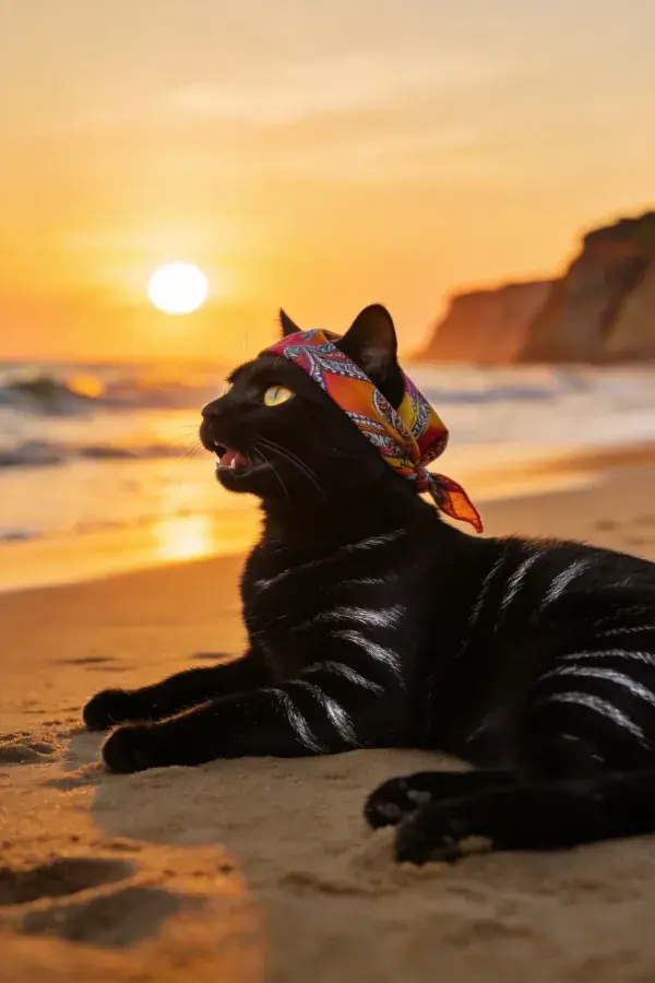 海滩日落时佩戴丝巾的短毛家猫