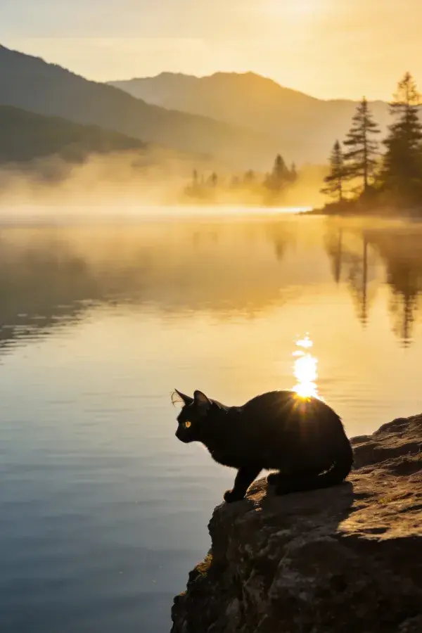 短毛黑猫伫立在岩石边缘眺望湖景