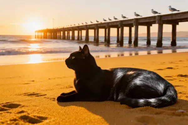 短毛家猫在海滨栈桥旁休憩