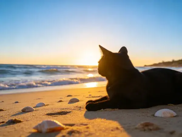 沙滩日落下的短毛家猫