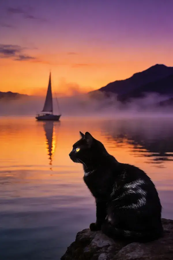 短毛家猫眺望湖面帆船