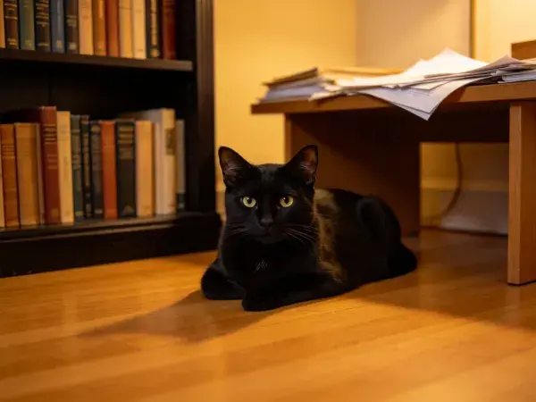 书房内玳瑁猫躺卧场景