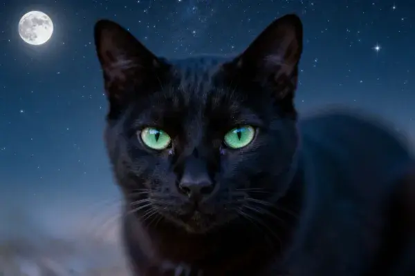 短毛黑猫凝视月夜下的星空