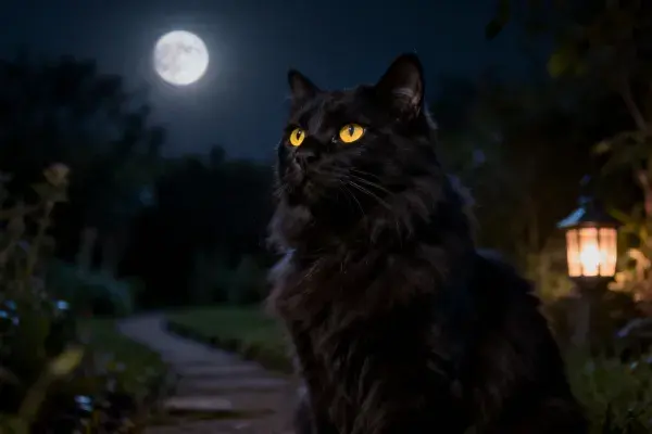 长毛黑猫月夜花园特写