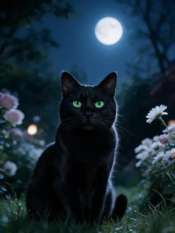 短毛黑猫于月光下的花园