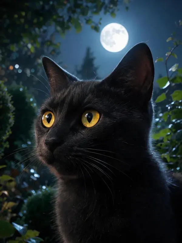 月光下园林中黑猫的凝视姿态