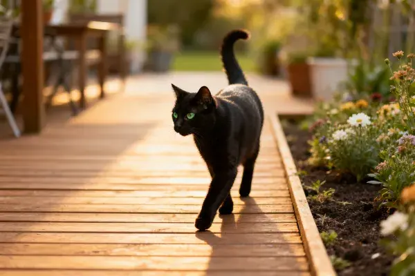 短毛黑猫在木质步道行走