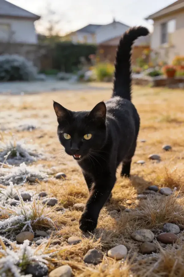 户外霜地中行走的短毛黑猫