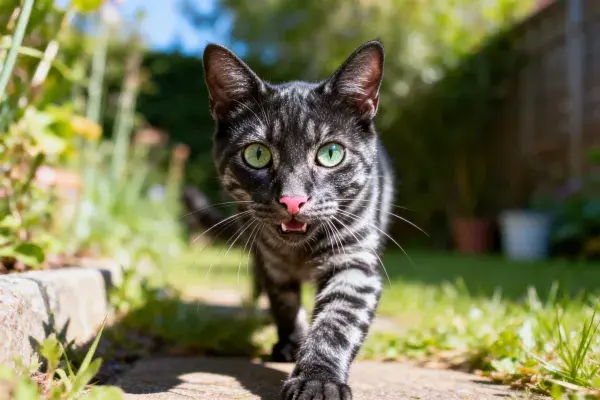 花园小径上的短毛虎斑家猫