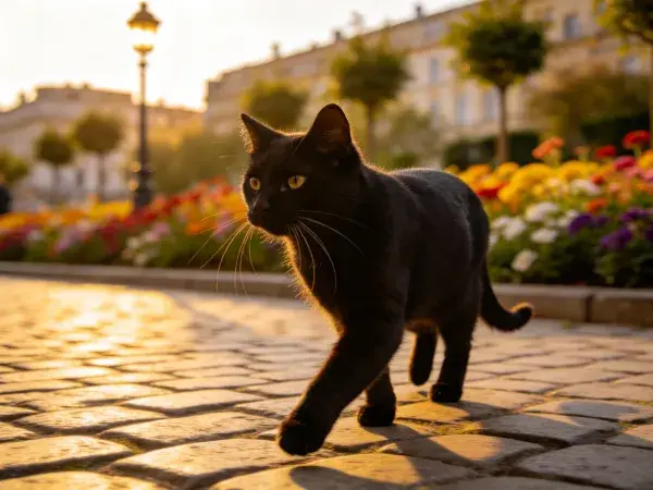 夕阳下广场的石板路上的短毛家猫