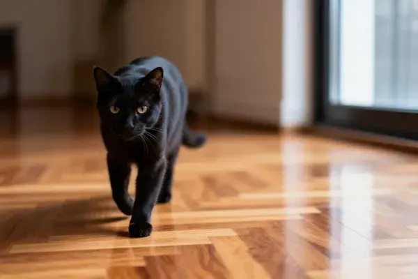 短毛黑猫行走于木质地板上