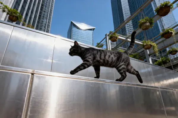 露天空间中的短毛虎斑猫行走场景