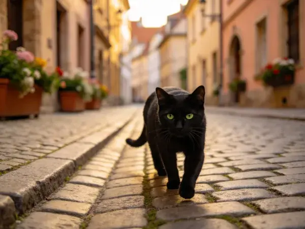 古镇石板路短毛家猫行走场景