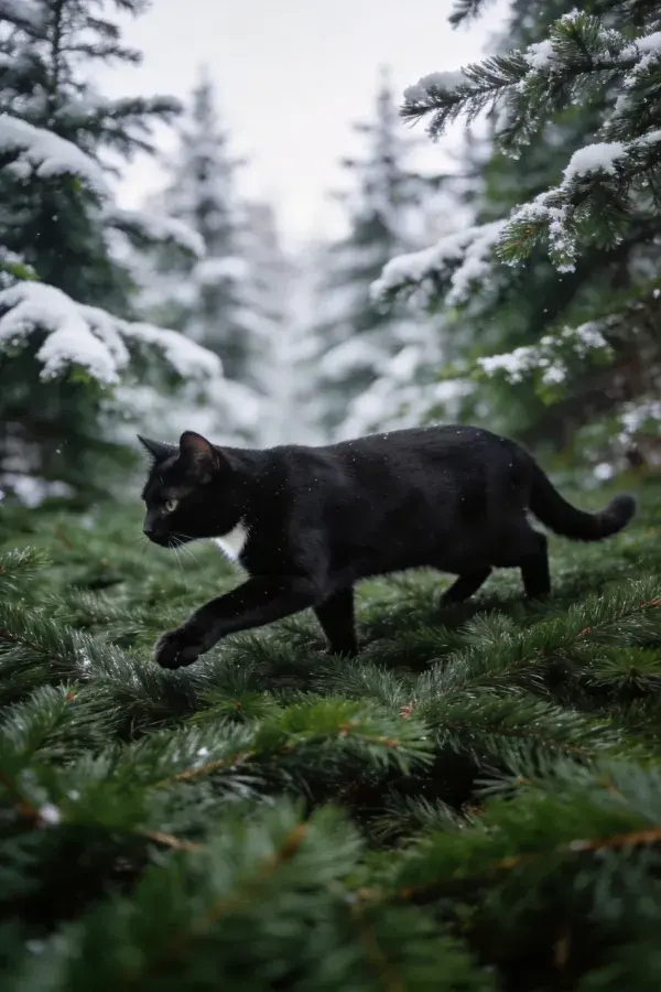 雪地松林中行走的短毛家猫