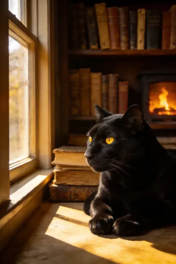 书房窗台上的黑猫与书架