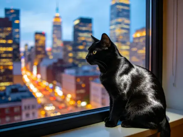 短毛黑猫眺望城市夜景