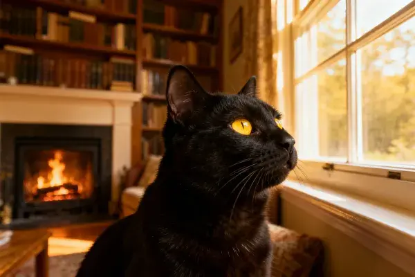 窗边凝视的短毛家猫与书房景致