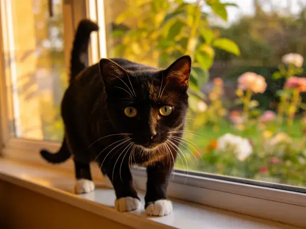 窗台上的短毛黑猫凝视花园