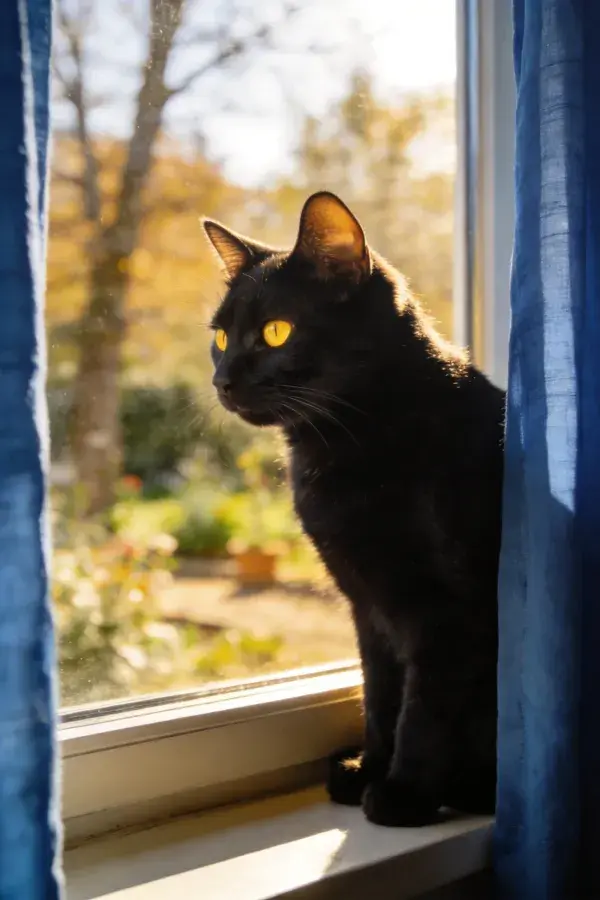 窗台上的短毛黑猫眺望户外