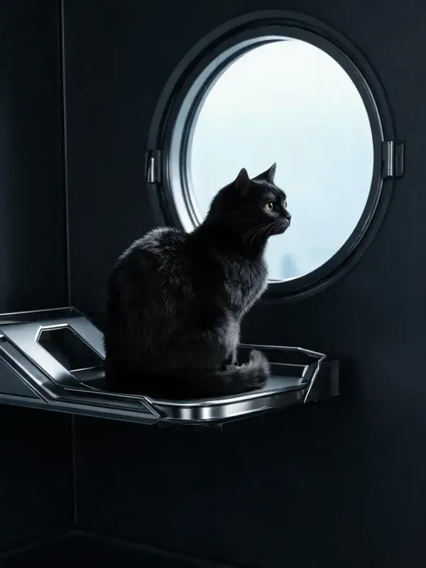 黑色短毛家猫在科技感窗边的休憩状态