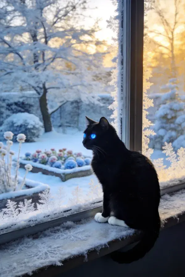 黑猫雪地窗台眺望场景