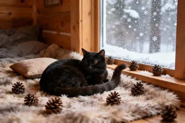 短毛家猫在木屋窗边的休憩场景