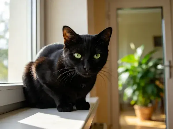 窗台上黑绿色眼睛短毛家猫