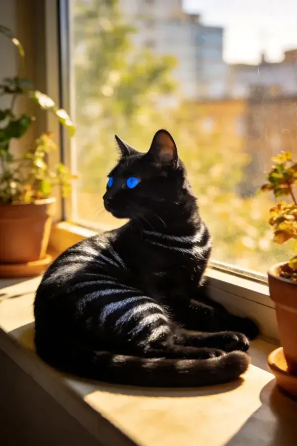 阳光下窗台上的蓝眼黑猫