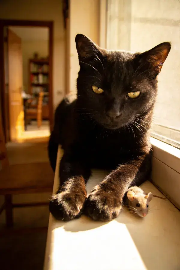 室内窗台光影下的黑猫与小鼠