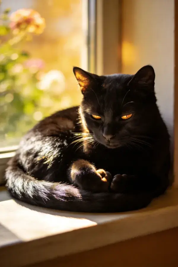 室内窗台的短毛黑猫沐光而卧