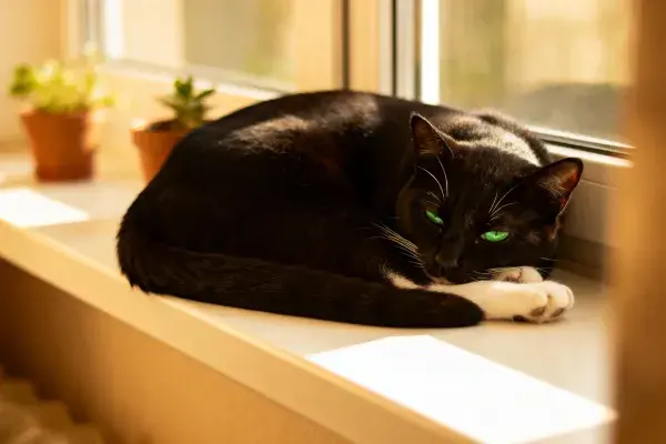 阳光窗台上的黑白短毛家猫场景