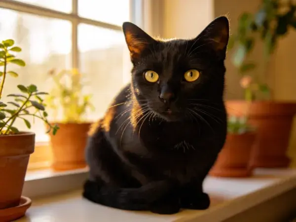窗台上短毛黑猫与盆栽特写场景