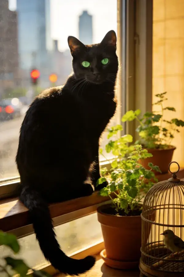 黑色短毛家猫坐于窗台附近