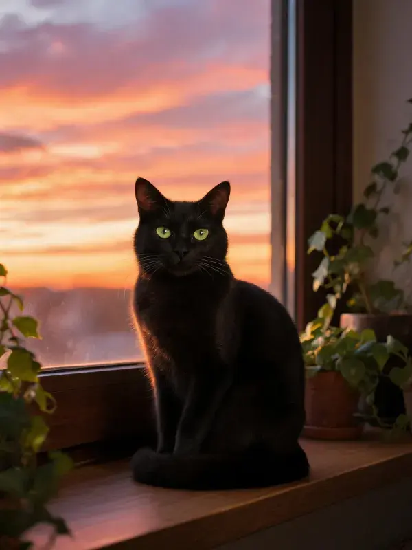 窗台上短毛黑猫与夕阳景象