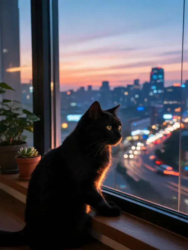 窗台上短毛家猫眺望城市黄昏景象