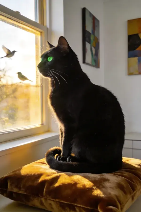 阳光下短毛家猫眺望窗外飞鸟