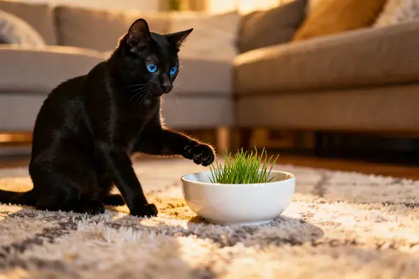 孟买猫触碰猫草盆的场景