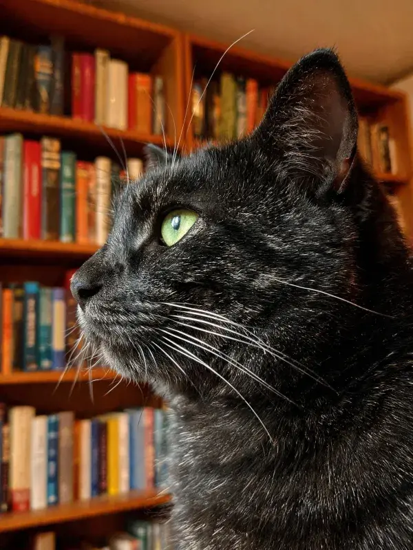 短毛黑猫于书架前的侧视姿态