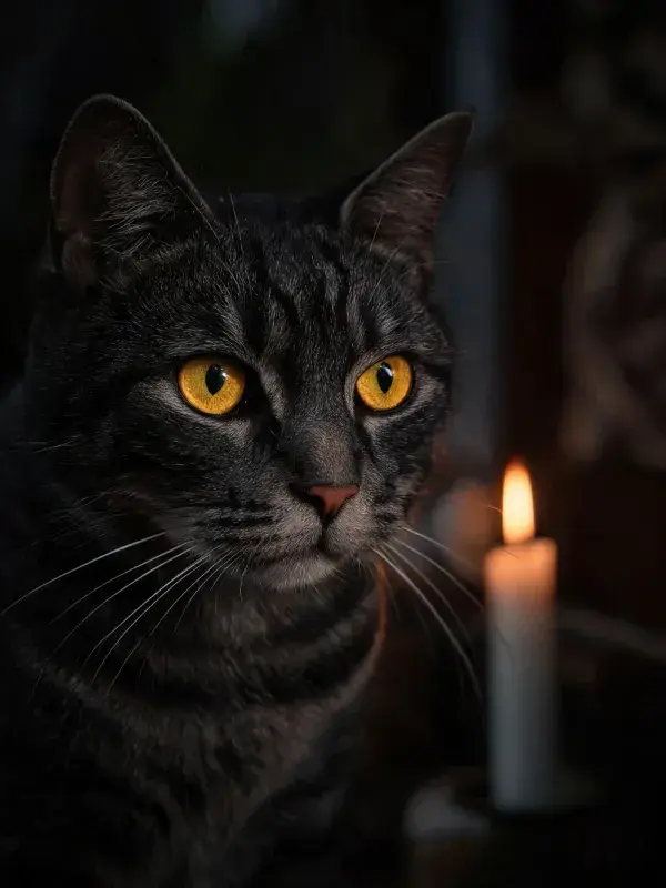 灰虎斑短毛猫在烛光旁的凝视