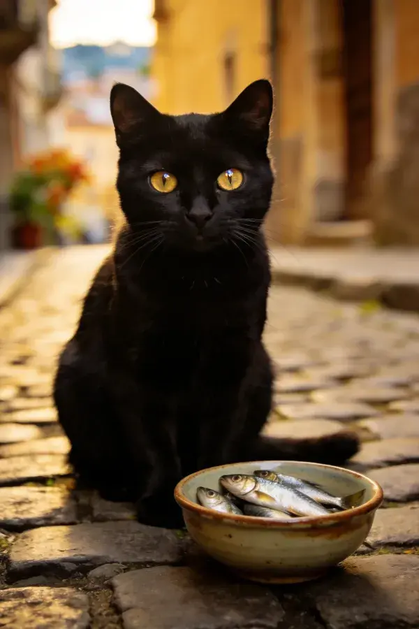 短毛家猫坐于石板路旁食碗前