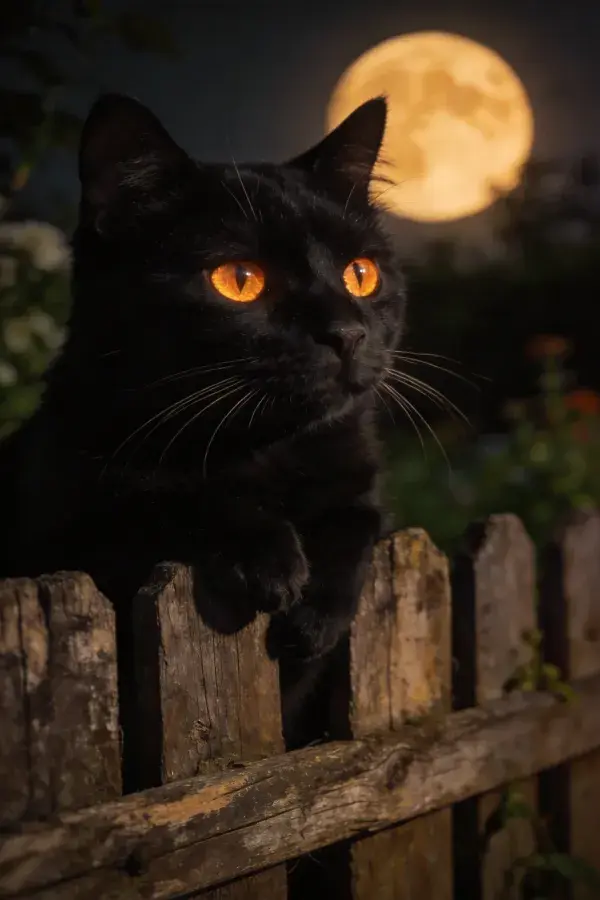 短毛黑猫倚木栅栏望月
