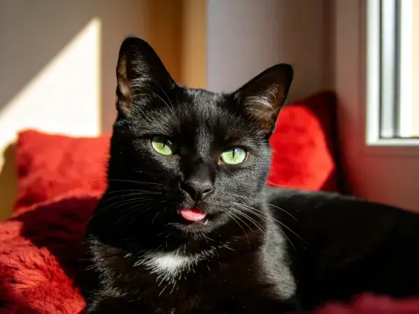 阳光下窗边的短毛黑猫特写