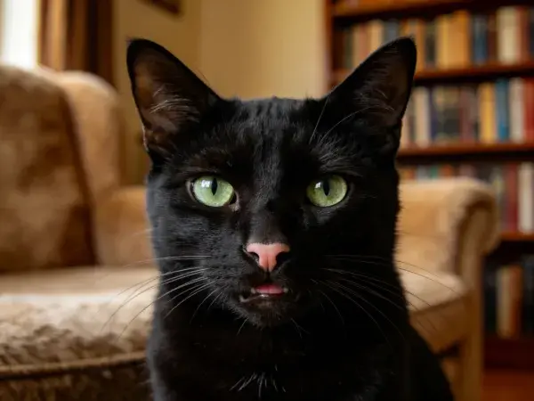 书房沙发边的短毛黑猫特写